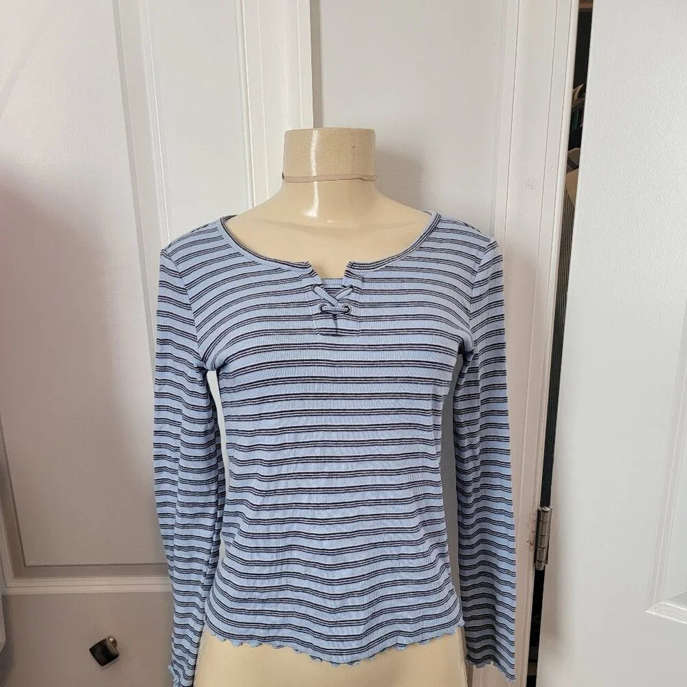 Justice Girls Long Sleeve Lace Up Ribbed Thermal Top Blue Stripes